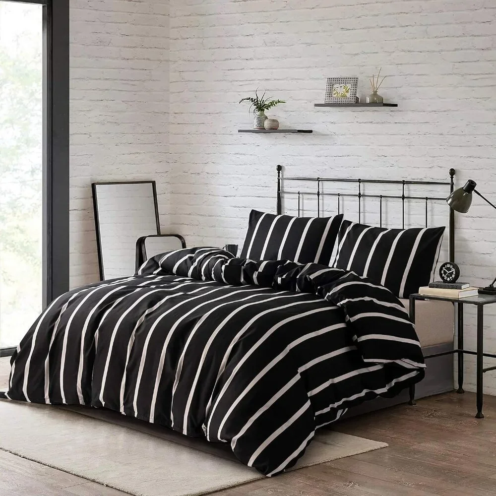 Black and White Striped Comforter Microfiber Queen Set